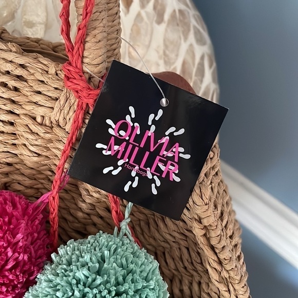 Brand New Olivia Miller Round Straw Multi Color Pom Pom Handbag Crossbody Purse - Picture 4 of 12